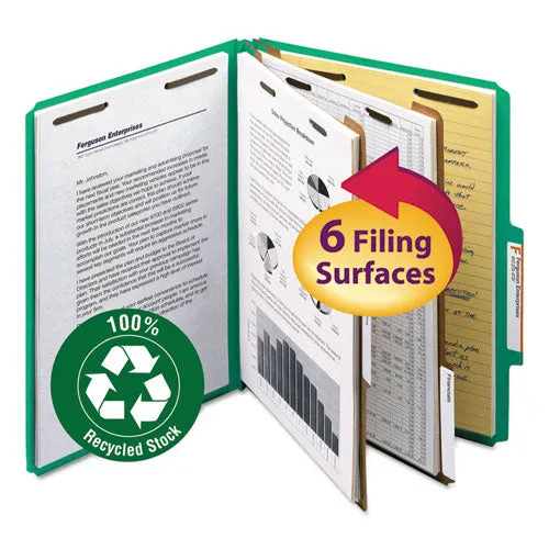 100% Recycled Pressboard Classification Folders, 2 Dividers, Letter Size, Green, 10-box