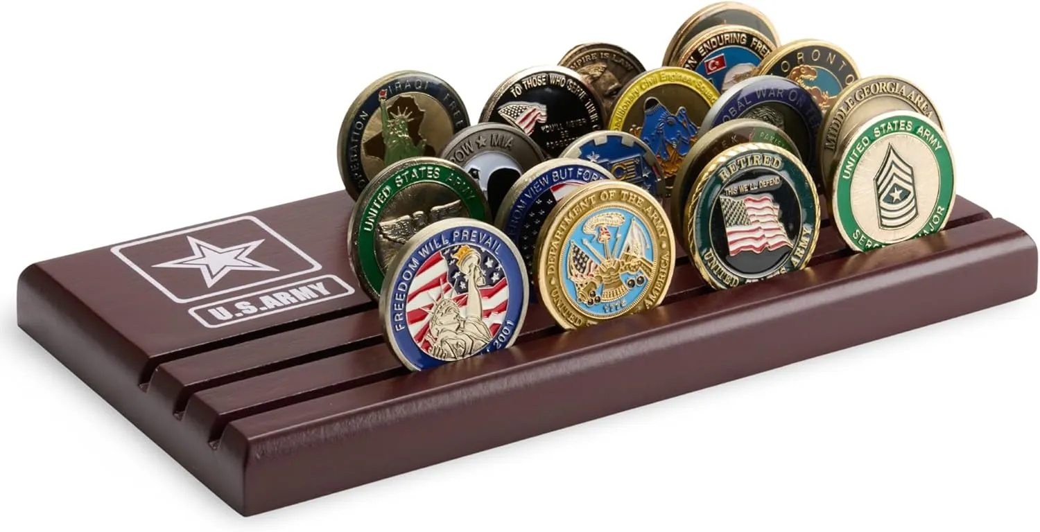 Challenge Coin Display Stand - Military Coin Holder Display, Solid Wood, Holds 25 Coins with Military Emblems