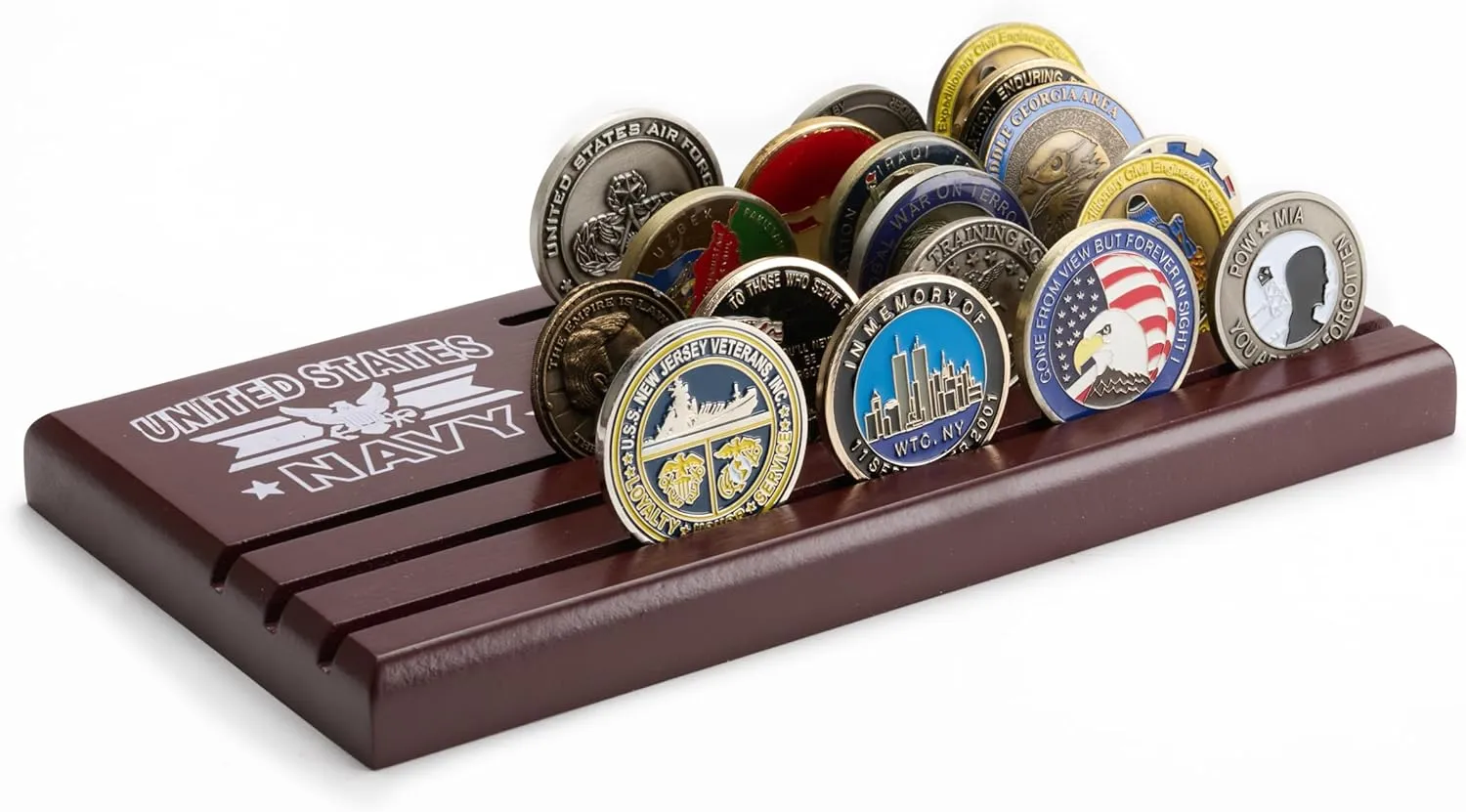 Challenge Coin Display Stand - Military Coin Holder Display, Solid Wood, Holds 25 Coins with Military Emblems