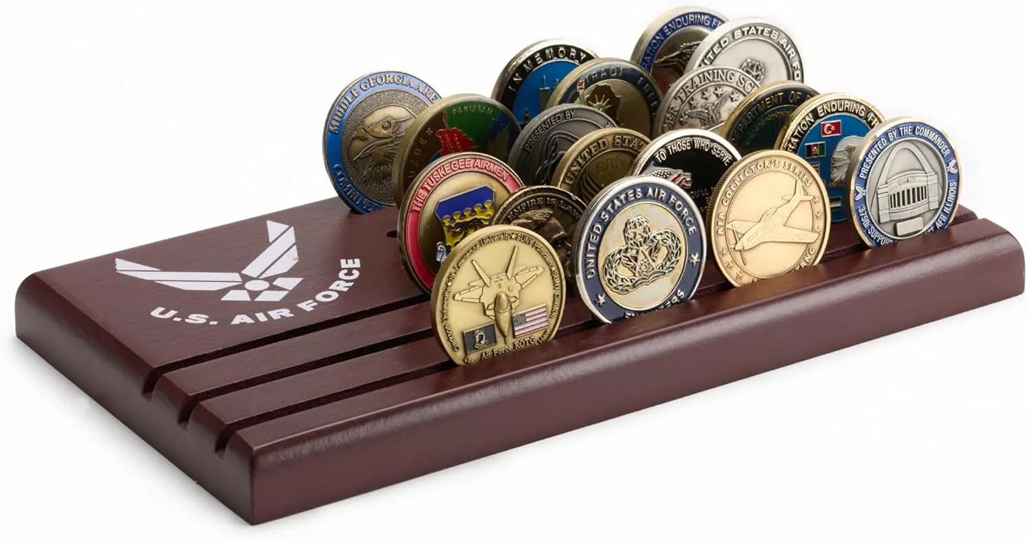 Challenge Coin Display Stand - Military Coin Holder Display, Solid Wood, Holds 25 Coins with Military Emblems