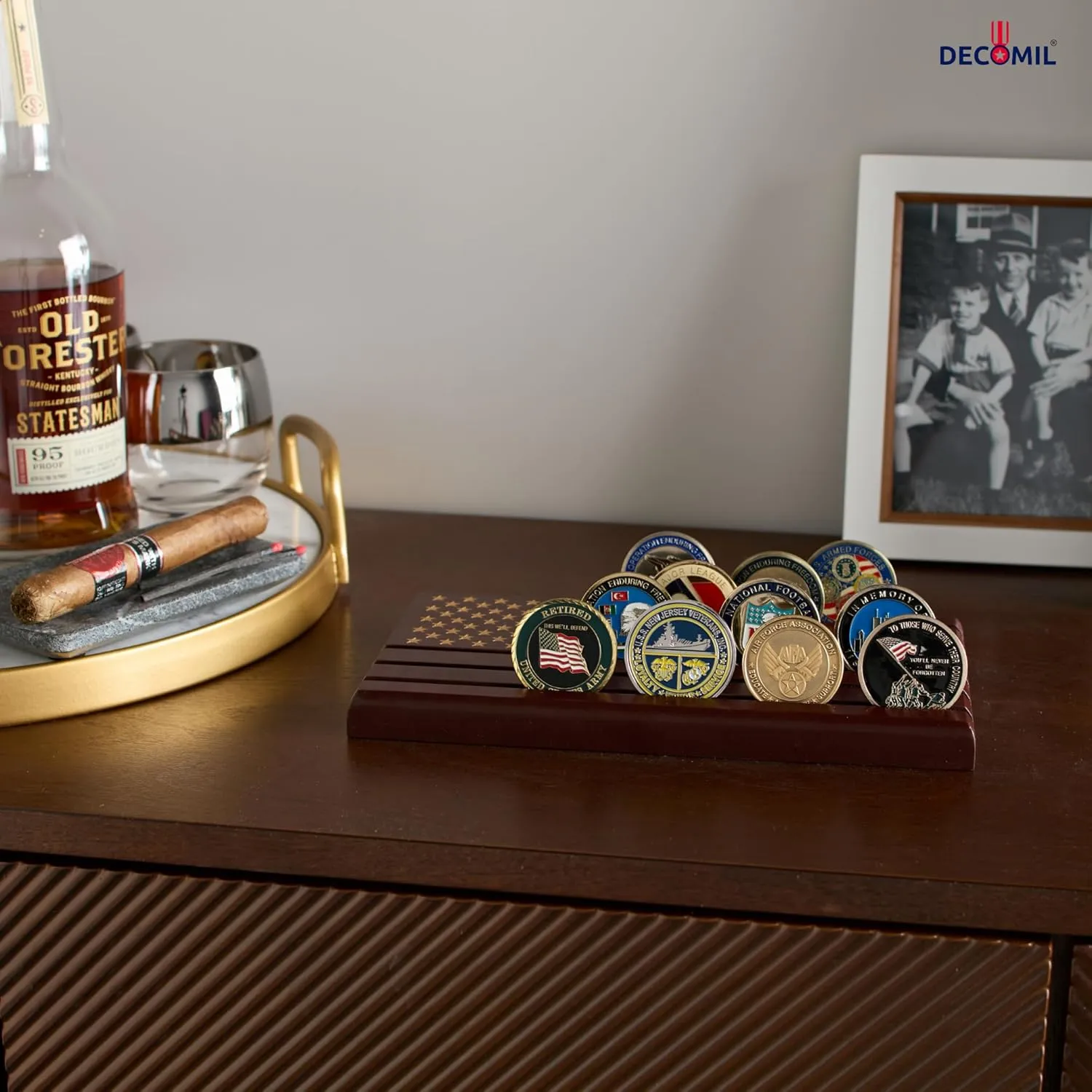 Challenge Coin Display Stand - Military Coin Holder Display, Solid Wood, Holds 25 Coins with Military Emblems