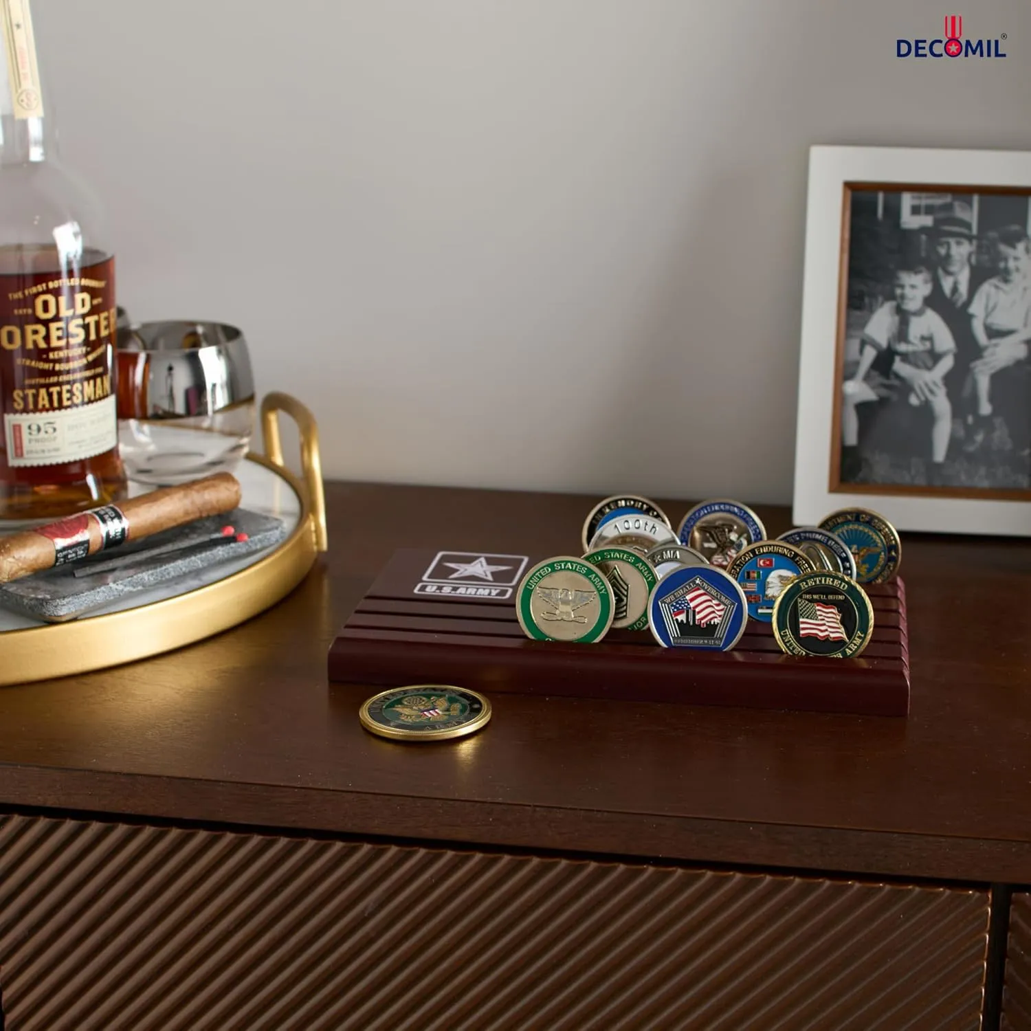 Challenge Coin Display Stand - Military Coin Holder Display, Solid Wood, Holds 25 Coins with Military Emblems