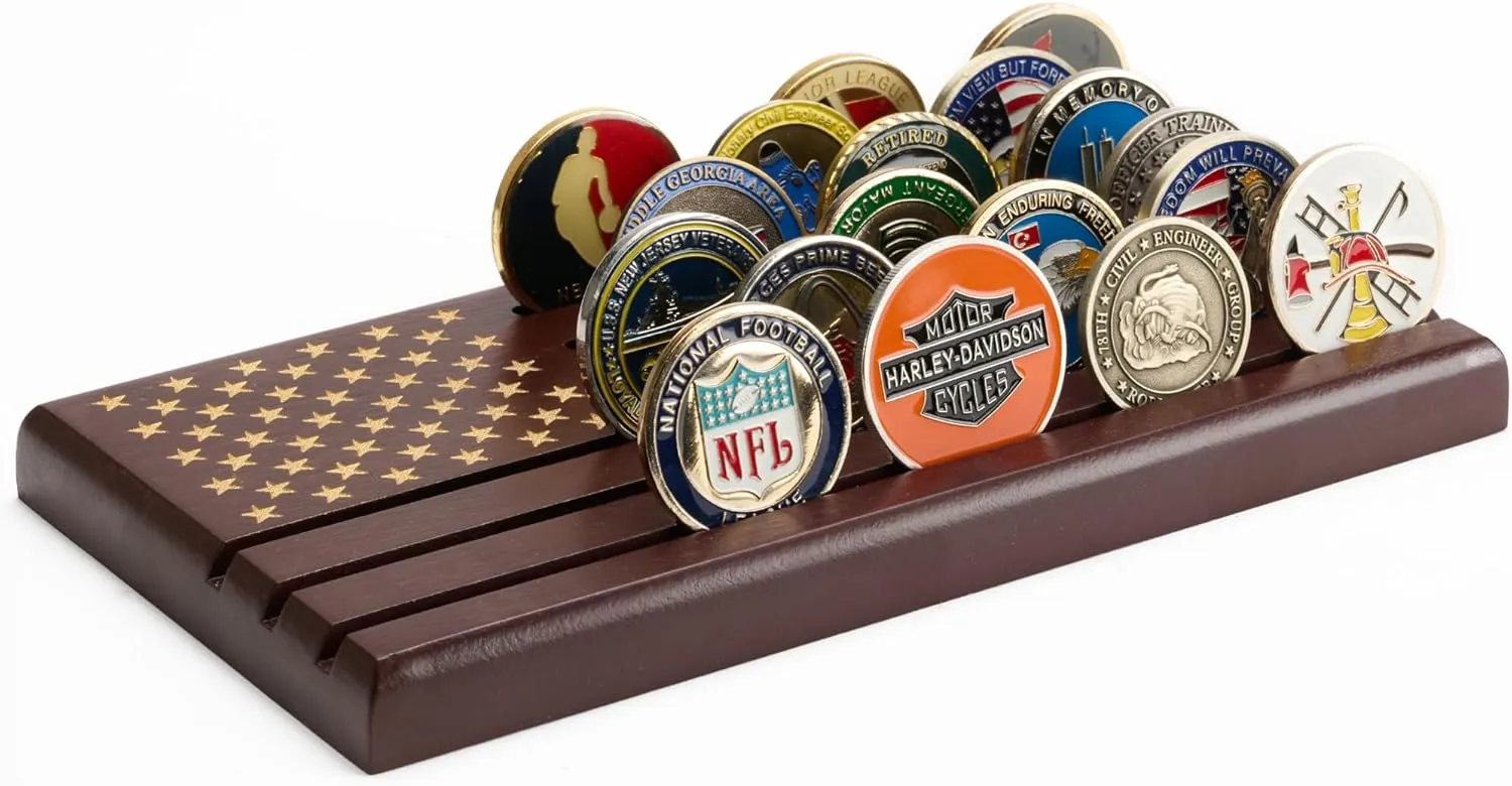 Challenge Coin Display Stand - Military Coin Holder Display, Solid Wood, Holds 25 Coins with Military Emblems