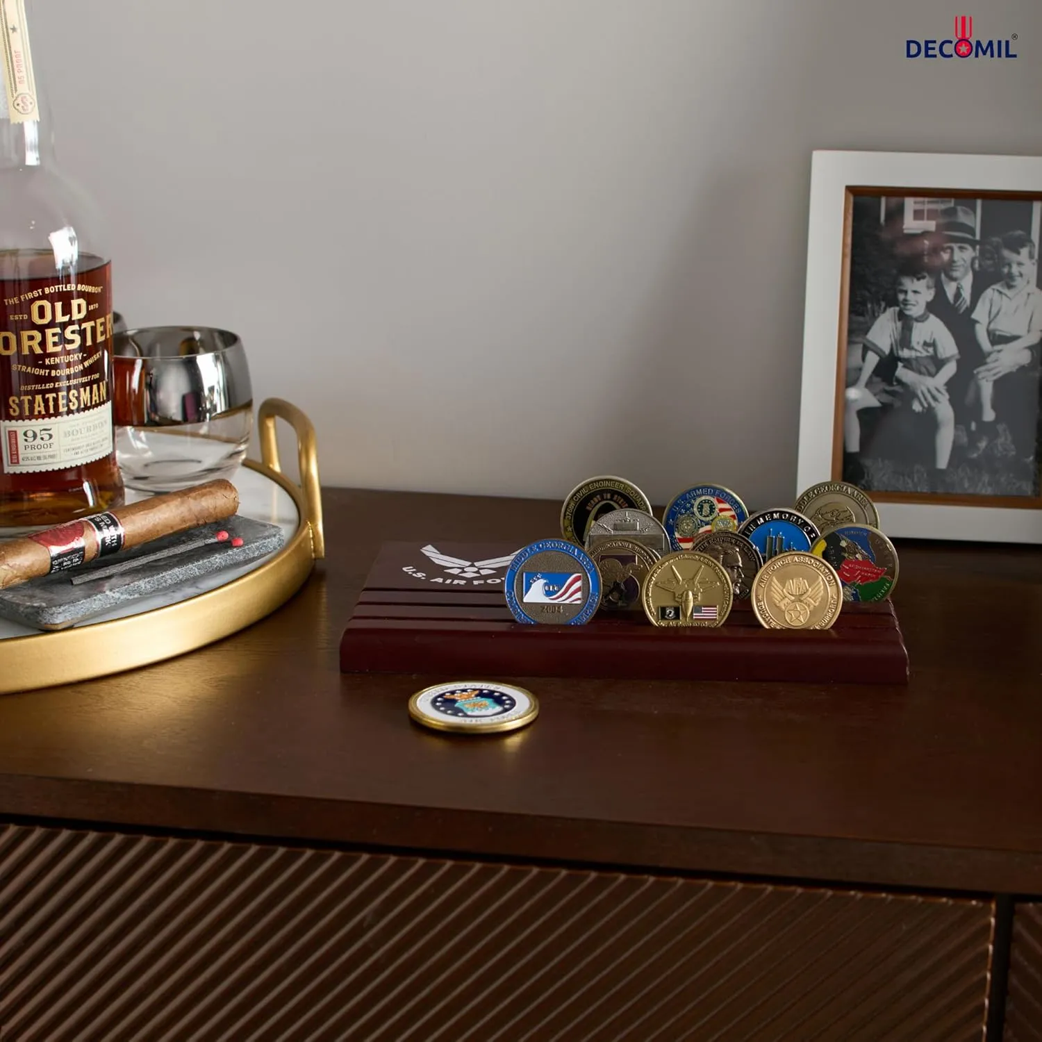 Challenge Coin Display Stand - Military Coin Holder Display, Solid Wood, Holds 25 Coins with Military Emblems