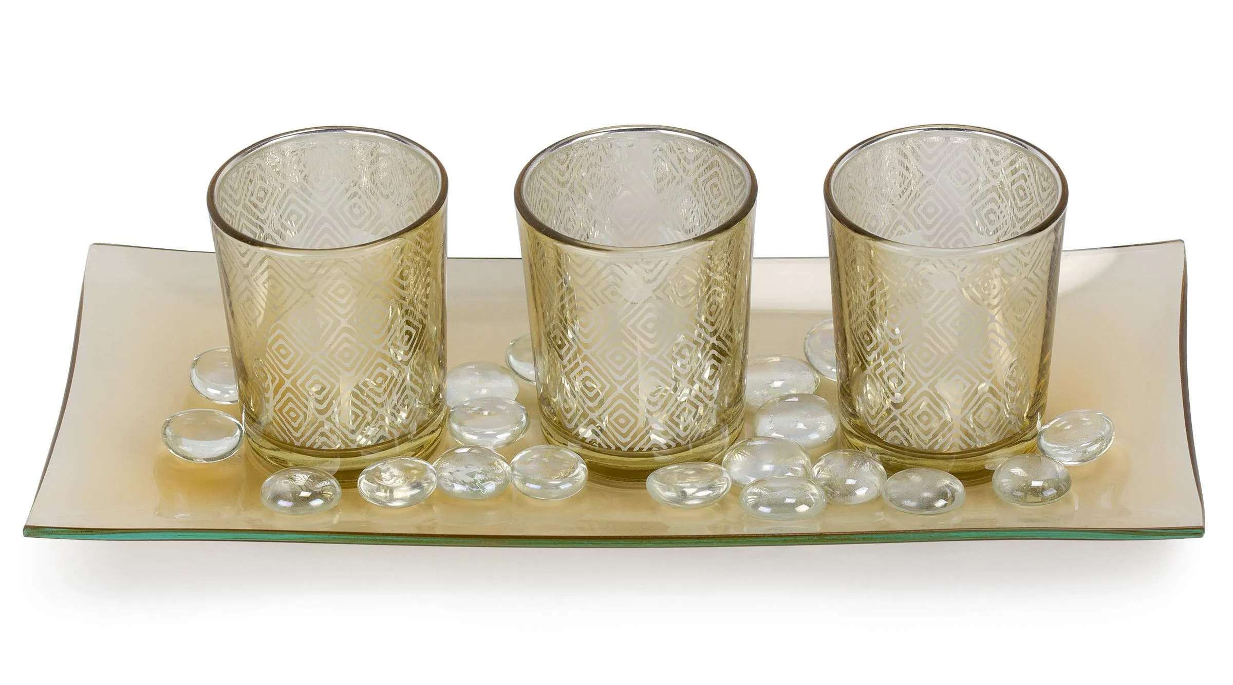 Decorative Glass Candle Holder Set with LED Tealights, Ornamental Glass Stones & Glass