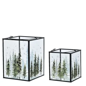 Decoris 17cm Glass Lantern with Christmass Trees Candle Holder