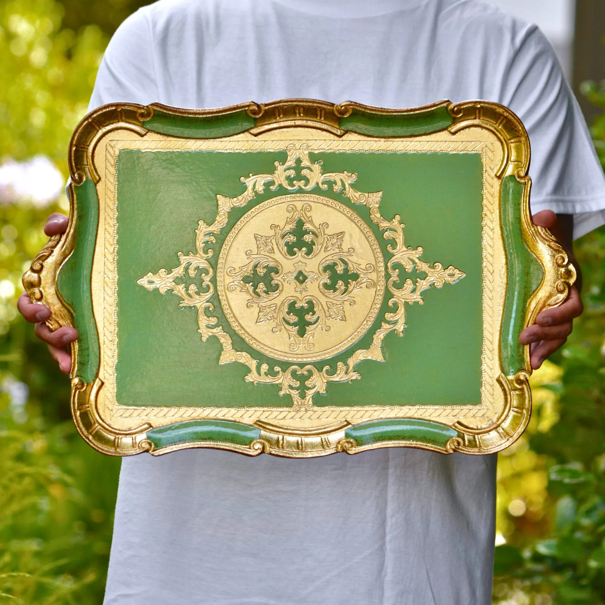 Florentine Carved Wood Tray, Rectangle with Scalloped Design