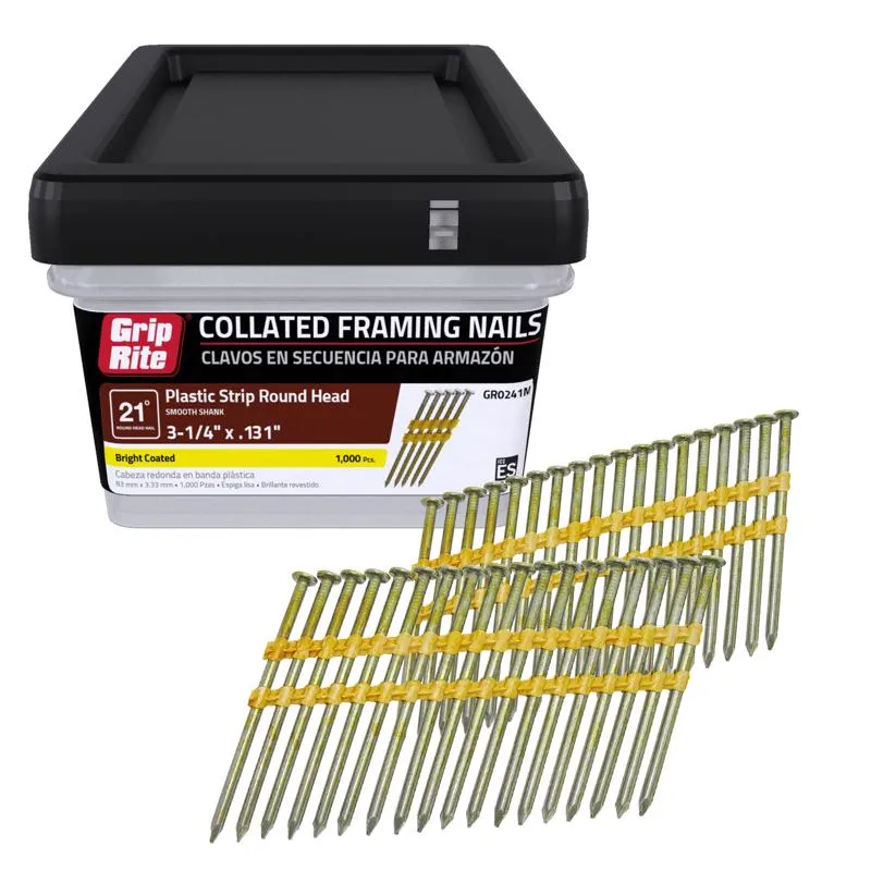 Grip-Rite 3-1/4 in. L X 10-1/4 Ga. Angled Strip Brite Framing Nails 21 deg 1000 pk