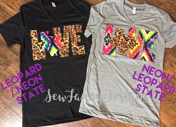 Kids Love Texas Tee, Kids Leopard and Neon Aztec print shirt