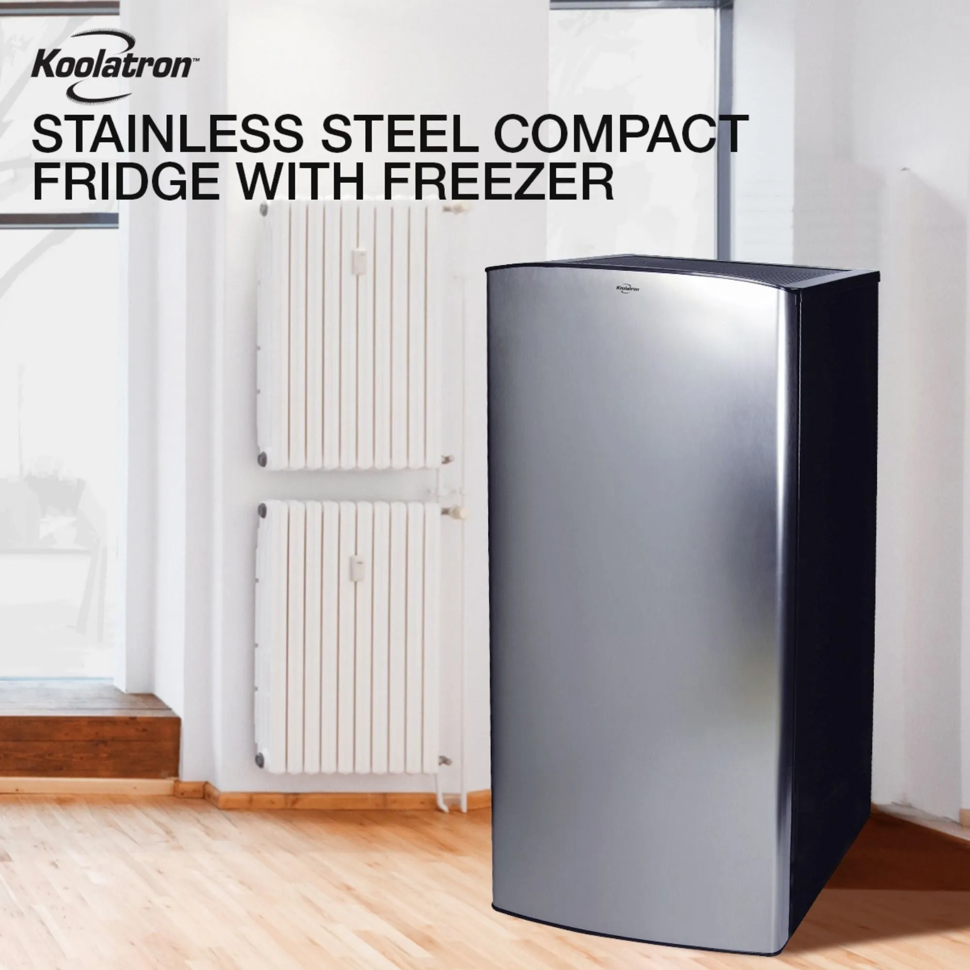 Koolatron Stainless Steel Compact Fridge with Freezer, 6.2 cu ft (176L), Silver/Black, Space-Saving Flat Back, 0.9 cu ft (25.5L) Freezer, Tempered Glass Shelves, Basement, Office, Cottage, Home Bar