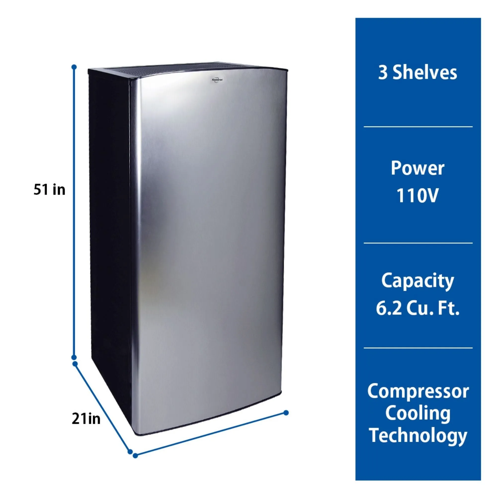 Koolatron Stainless Steel Compact Fridge with Freezer, 6.2 cu ft (176L), Silver/Black, Space-Saving Flat Back, 0.9 cu ft (25.5L) Freezer, Tempered Glass Shelves, Basement, Office, Cottage, Home Bar