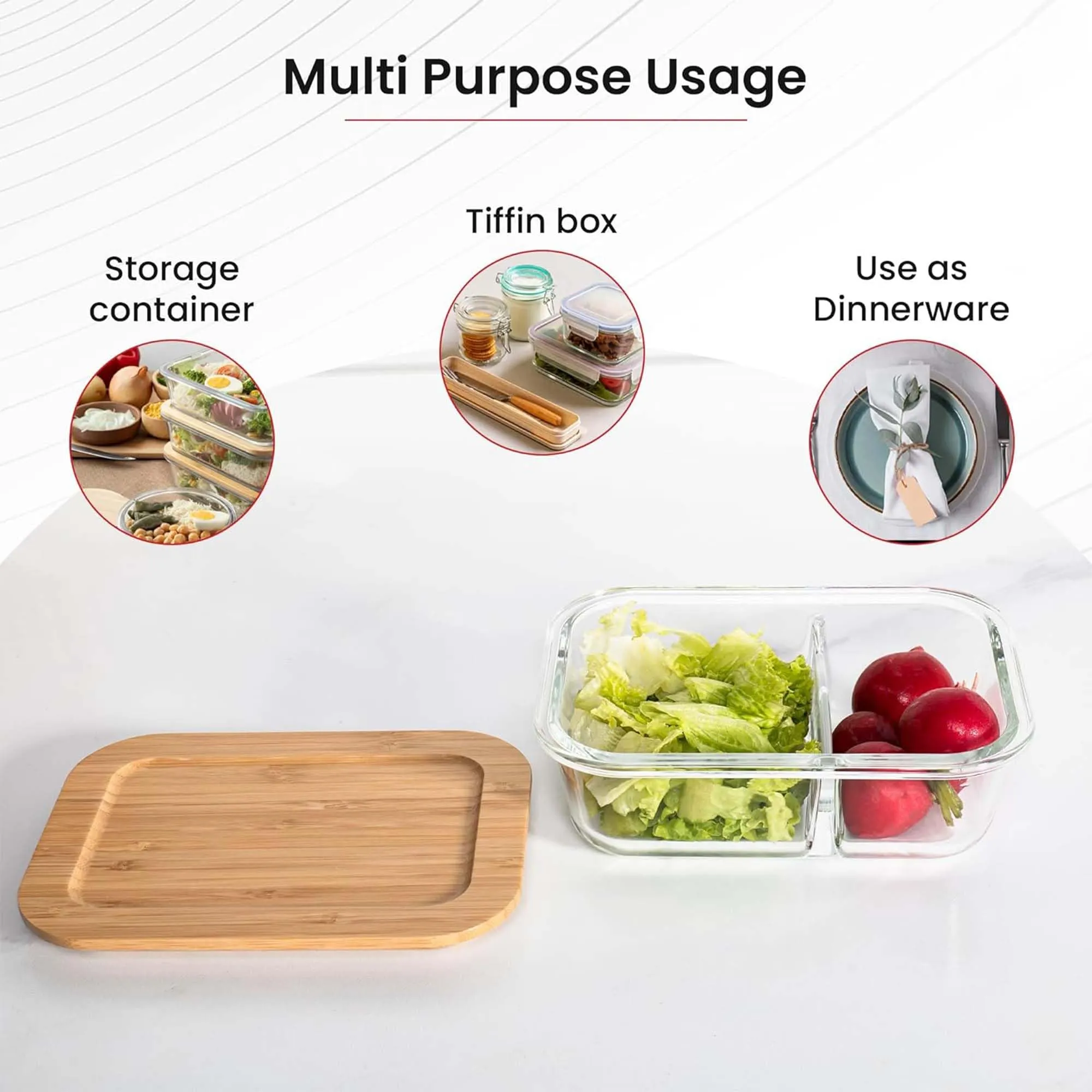 Kuber Industries 980ml Borosilicate Galss Kitchen Containers Set with 2 Compartments & Bamboo Lid | Multipurpose Dal, Snacks & Vegetable Storage Box for Fridge Organizers | Transparent