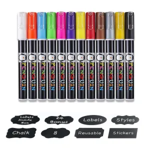 Liquid Chalk Markers - 12 Fine Tip Chalk Pens (3Mm)   24X Chalkboard Stickers - Dry Erase