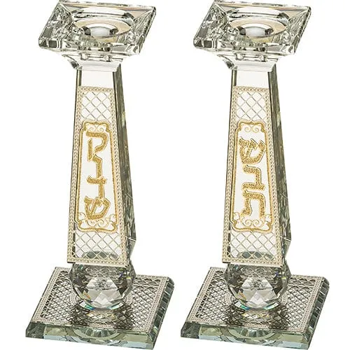 Pair Of Crystal Elegant Candlesticks With Laser Cut Metal Plaque 20 Cm