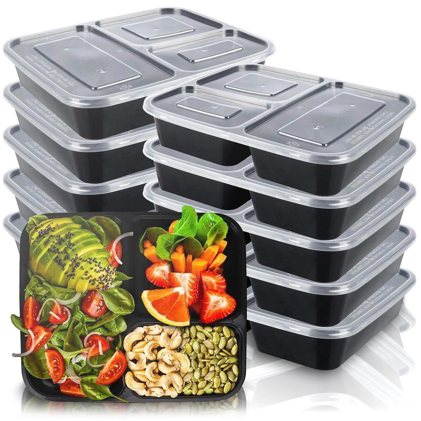 Set of 10 Meal Prep Food Storage with 3 Compartments