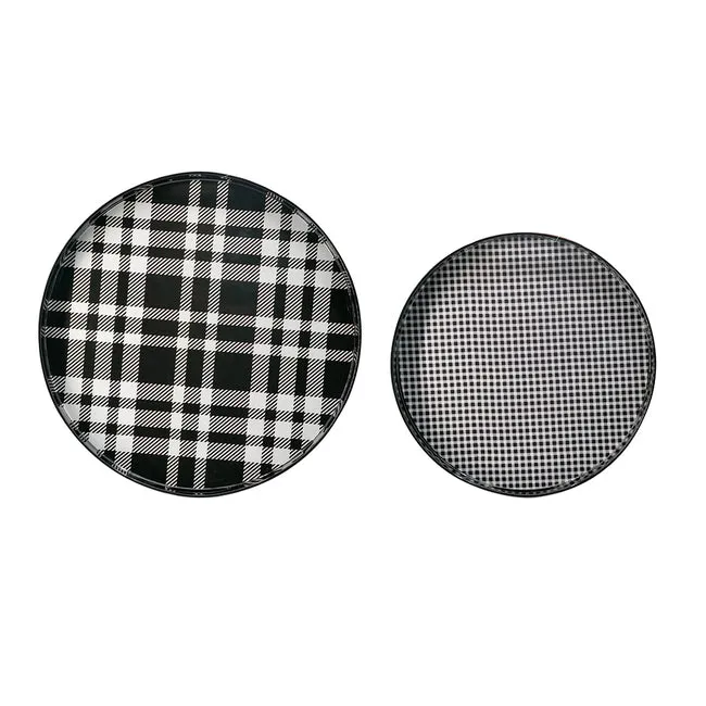 Set of 2 black and grey plaid motif round trays