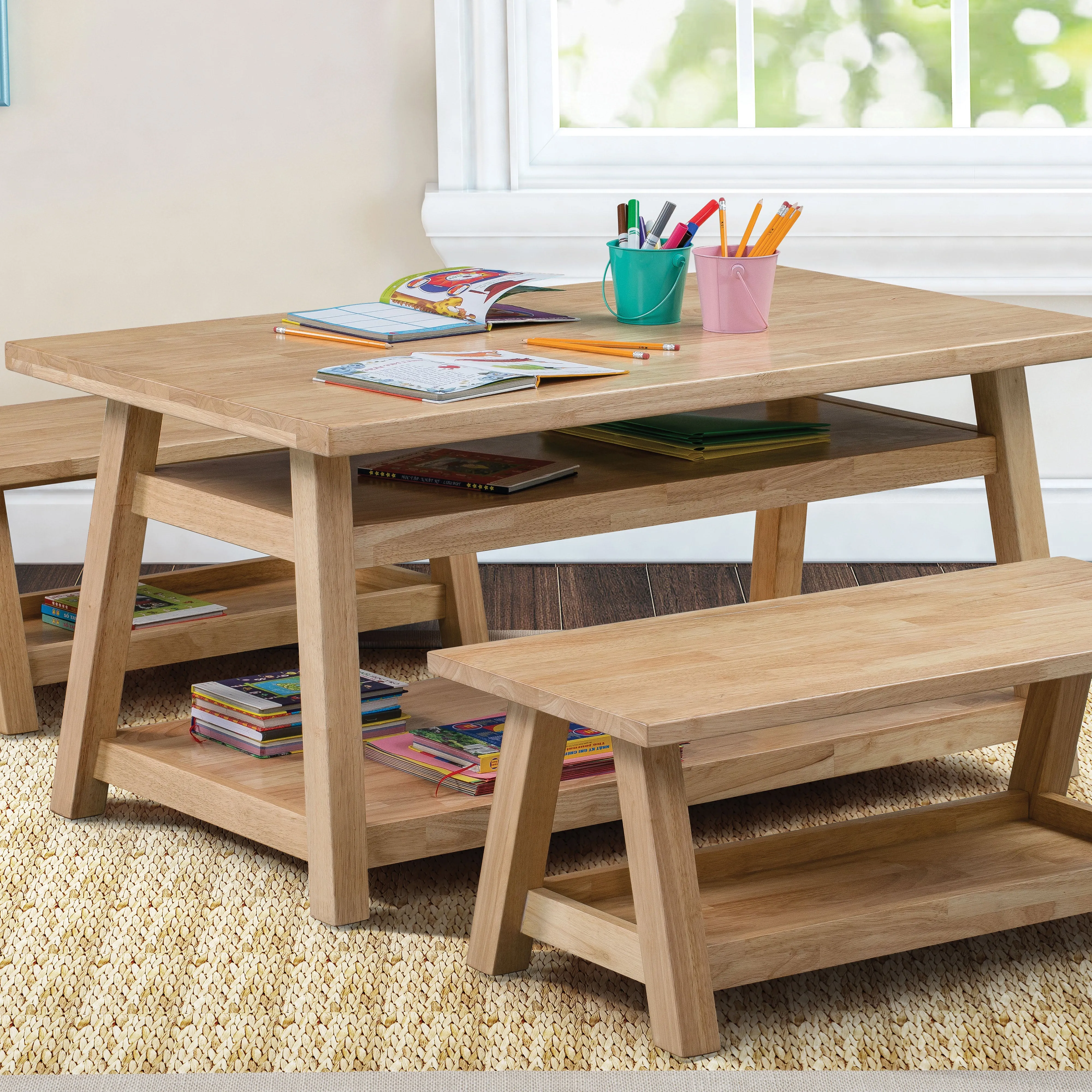 Sit n' Stash Solid Hardwood Trestle Table with Storage for Kids Playrooms