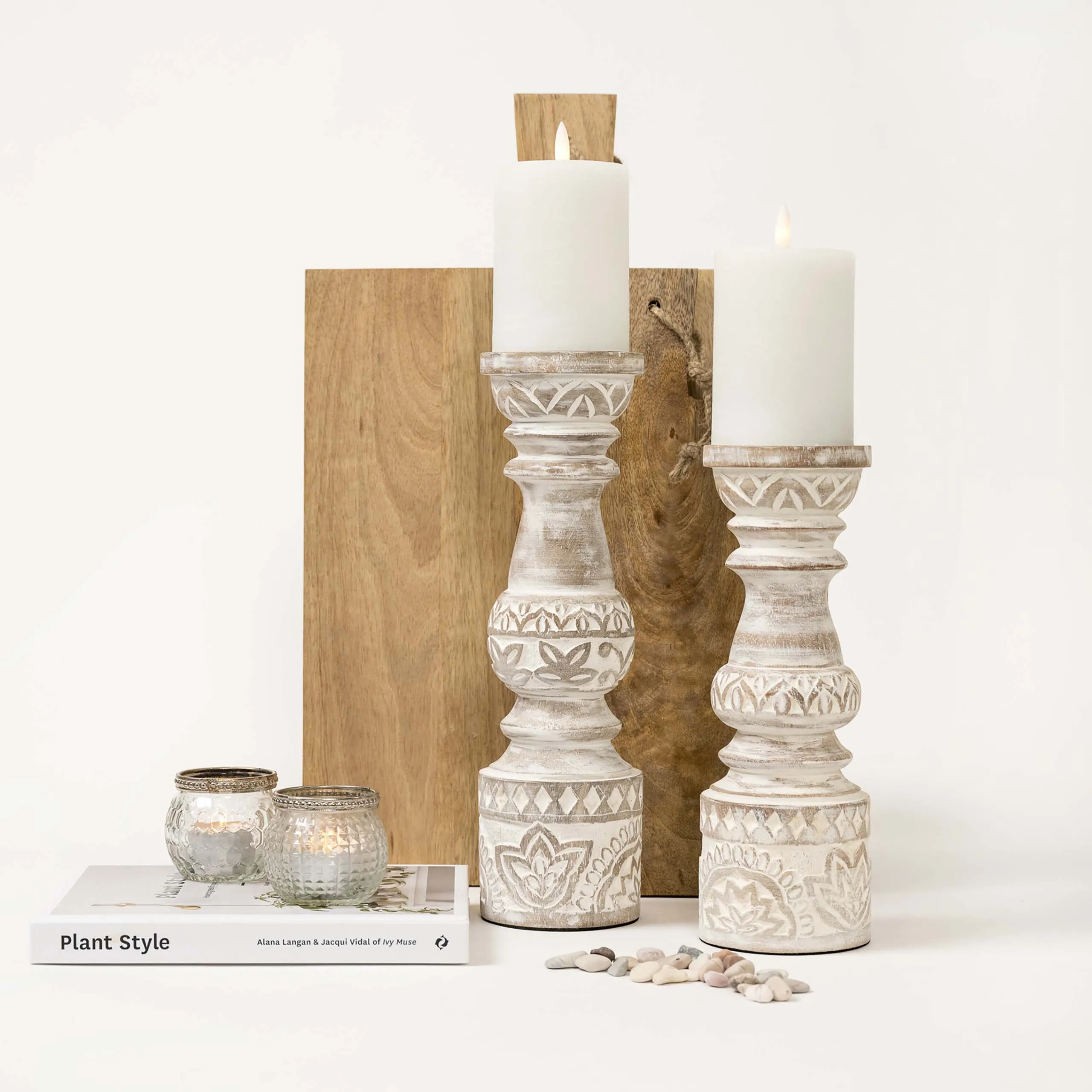 Tall white washed candle stands | engraved wood candle stands