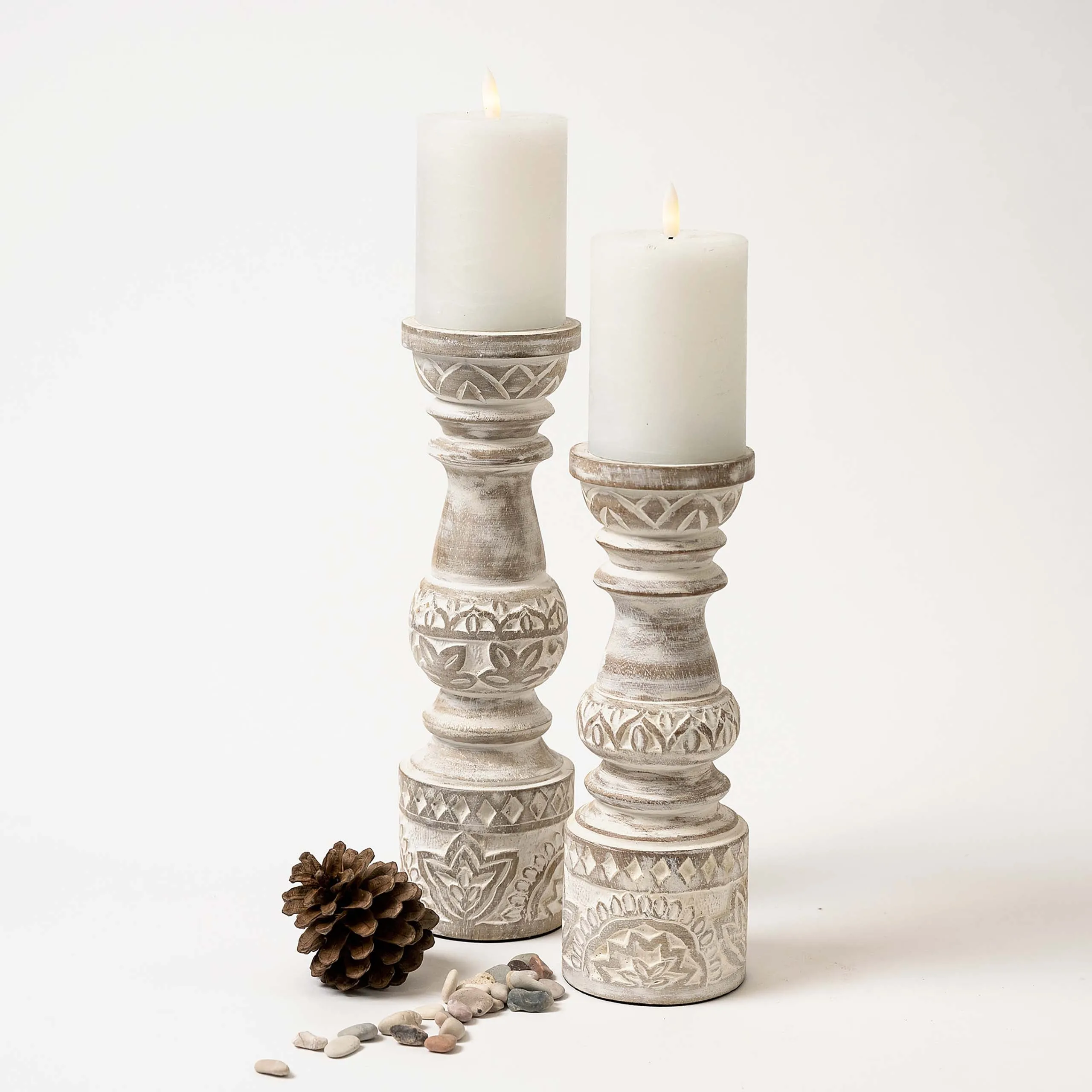 Tall white washed candle stands | engraved wood candle stands